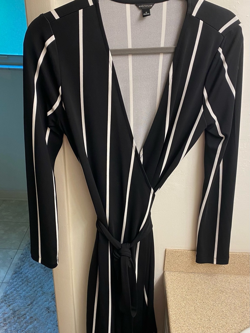 Ann Taylor Black & White Striped Midi Wrap Dress